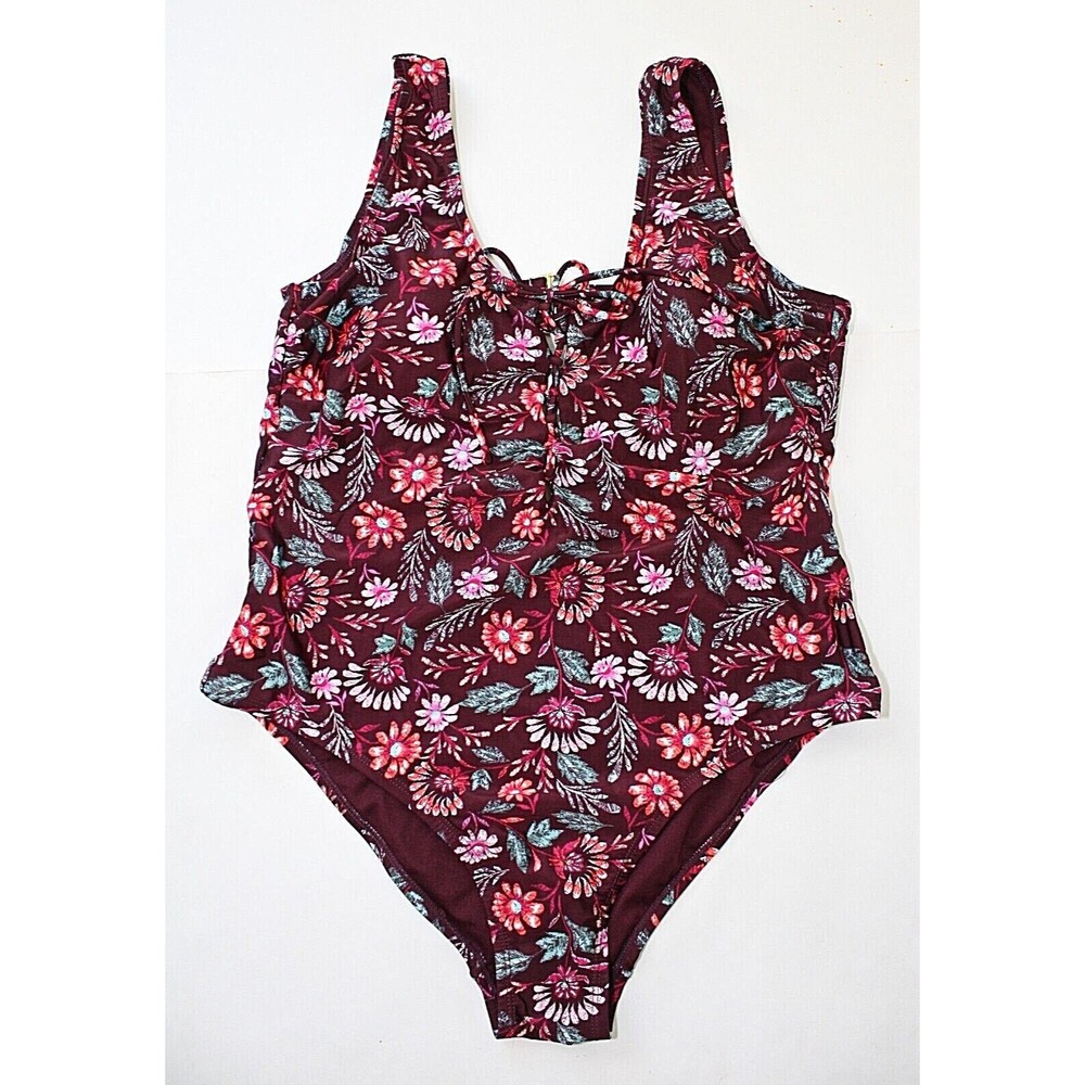 HOT WATER 1 Pc Swimsuit Plus 2X Front Lacing High Cut Legs Burgundy Floral #03